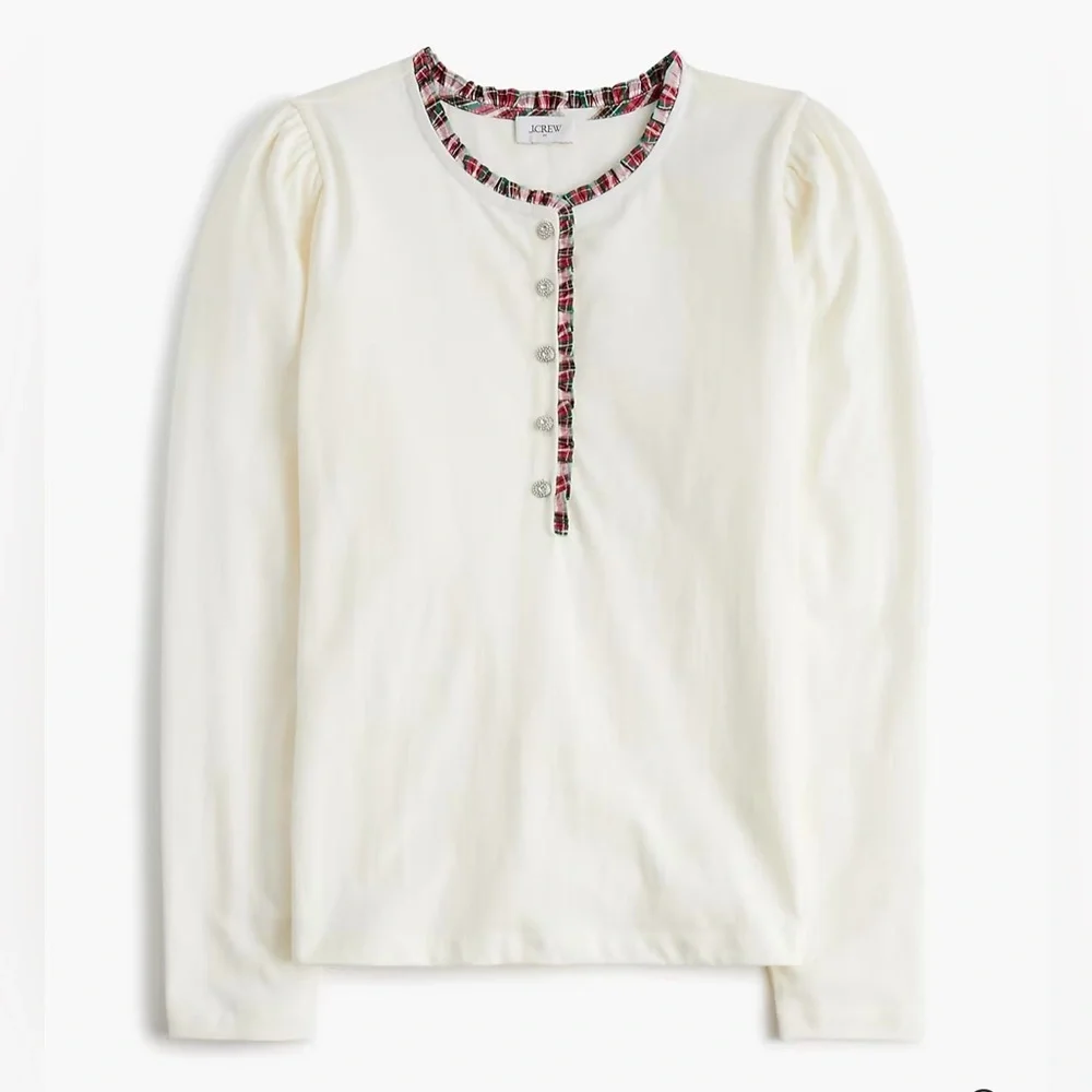 J.Crew Long-sleeve tartan and jewels henley in ivory - Picture 3 of 7